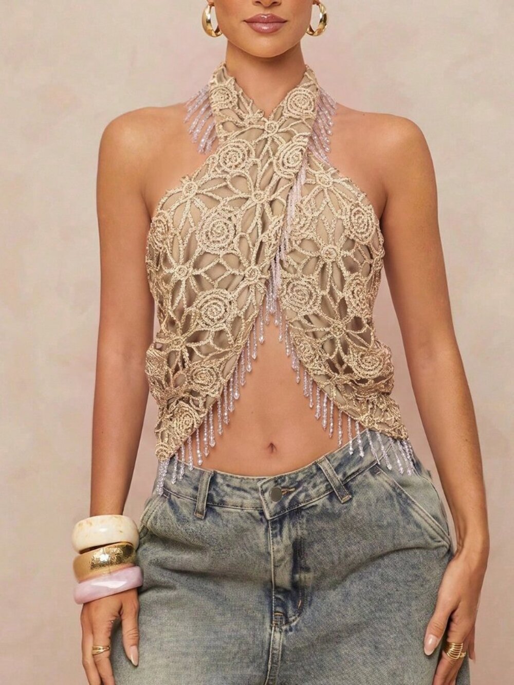 Gold Party Women's Floral Hollow Textured Halter Crop Top